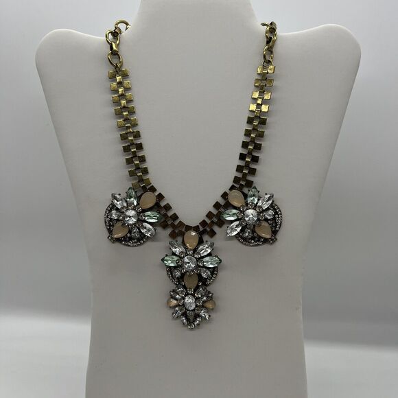 Chunky Metal Rhinestone Statment Bib Formal Necklace Regency Glam Gold Tone - Picture 1 of 8